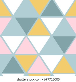 Vector seamless pattern with triangles. Trendy color palette. Geometrical elements on light turquoise background.