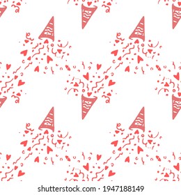 vector seamless pattern of triangular firecracker, popper with confetti of dots, hearts and swirls in a spiral, red line drawn by hand in doodle style on a white background for a romantic design 