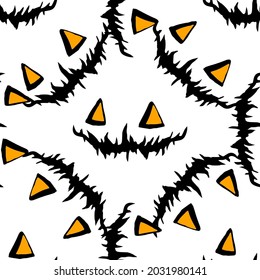 vector seamless pattern of triangular orange eyes and black jack's pumpkin smile on a white background for a Halloween design template. Jack Lantern's face is hand-drawn in the style of doodles 
