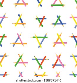 Vector seamless pattern. Triangular shapes created from colored pencils. The pointed sides of colored pencils are directed in different directions.