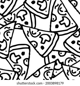 vector seamless pattern of a triangular slice of pizza on a white background. Seamless pattern of a slice of pizza with mushrooms, hand-drawn in the style of doodles with a black outline, many on top 