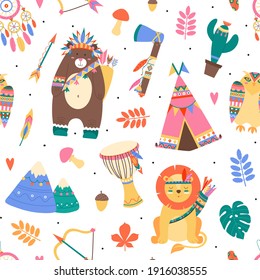Vector Seamless Pattern with Tribal Animals and Ethnic Elements.Ornament with Wild Aztec Characters and Indian Clip Arts in Flat style.Pattern with Drum,Dreamcatcher,Bow,Teepee,Axe.
