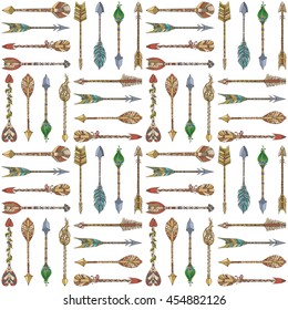 Vector seamless pattern of tribal arrows. Set of hand-drawn various ethnic arrows on white background. Native style illustration. Decorative boundless background.