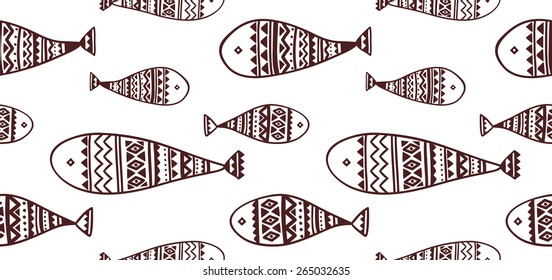 Vector seamless pattern with tribal fish