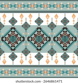 vector seamless pattern tribal, geometric, textile, Native American and Mexican inspired shapes warm green tones,fabric design, wallpaper, rug textures, clothing prints,traditional decorative crafts.