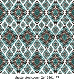 vector seamless pattern tribal, geometric, textile, Native American and Mexican inspired shapes warm green tones,fabric design, wallpaper, rug textures, clothing prints,traditional decorative crafts.