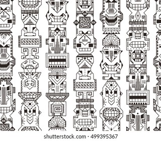 Vector Seamless pattern of Tribal Polynesian Tiki Masks. Hand Drawn Doodle Hawaiian Totem Idol Carved Religious Masks statue. Ethnic symbols background