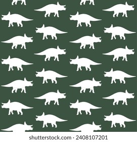 Vector seamless pattern of triceratops dinosaur silhouette isolated on green background