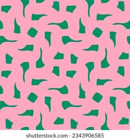 Patrón vectorial sin fisuras con formas onduladas trippy. Textura abstracta con ondas, líneas curvas, formas fluidas, malla. Moderna decoración retro de los años 60 a 70. Color rosa y verde. Repetir diseño geo