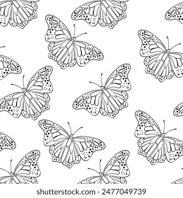 Vector seamless pattern with tropacal butterfly monarch. Vintage elegant clipart. Flying dream. Springtime cartoon butterfly. Isolated. Black silhouette for circuit