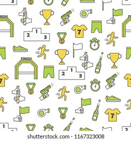 Vector seamless pattern with trophy award cup, medallion with ribbon, sport clothing, relay race contest symbols, icons. Thin line art flat style design sport competition background, wallpaper.