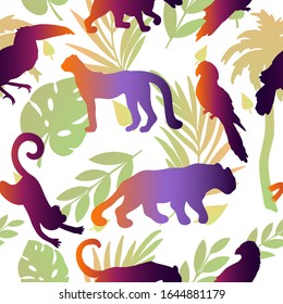 Vector seamless pattern with tropical animals, birds and leaves. Exotic stock texture with leopard, parrot, toucan, panther, monkey, monstera on white background. For textile, apparel, linen, wrapping