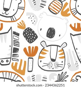 Patrón vectorial sin fisuras con animales tropicales. Impresión para niños con animales africanos. Tigre, koala, león, cebra, palmera, piña. Textura dibujada a mano para tela, ropa para niños, textiles.