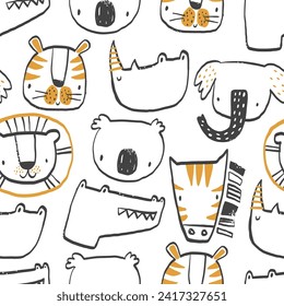 Vector seamless pattern with tropical animals. Print for kids with African animals. Tiger, koala, lion, zebra, elephant, rhino. Hand drawn texture for fabric, children's clothes, textiles.