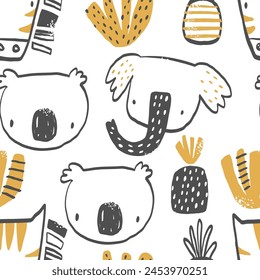 Vector seamless pattern with tropical animals. Print for kids with African animals. Elephant, koala, zebra, palm tree, pineapple. Hand drawn texture for fabric, children's clothes, textiles.