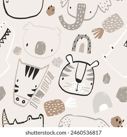 Vector seamless pattern with tropical animals. Print for kids with African animals. Tiger, koala, crocodile, zebra, rhino, rainbow, pineapple. Texture for fabric, children's clothes, textiles.