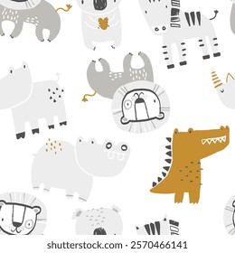 Vector seamless pattern with tropical animals. Print for kids with African animals. Koala, lion, zebra, rhino, crocodile, hippo. Hand drawn jungle texture for fabric, children's clothes, textiles.