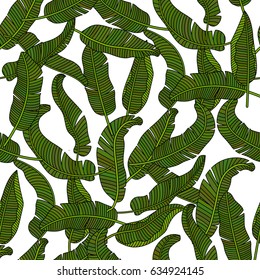 Vector seamless pattern with tropical banana leaves. Thin line outline design.