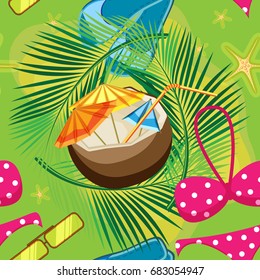 Vector seamless pattern of tropical beach vacation. Consists of a bikini, a slap and a coconut cocktail on palm leaves