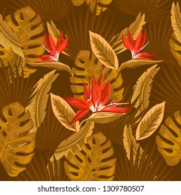 Vector  seamless pattern of tropical beige and  brown palm leaves, monstera  leaves  and red
 flowers of the bird of paradise (Strelitzia) plumeria on a brown  background. Wallpaper trend design.