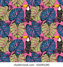 Vector seamless pattern with tropical branches, leaves and birds. Hand drawing. Decorative background for design of fabric, home textiles, clothes, accessories, wallpaper, curtains, covers, packages