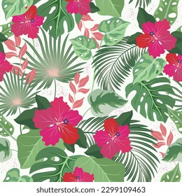 Vector seamless pattern with tropical bright flowers and leaves. Palm, banana leaf, hibiscus, plumeria flowers.