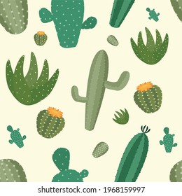 Vector seamless pattern with tropical cactus with flowers inspired by exotic tropical garden succulents. Green nature backdrop perfect for baby textile or wrapping paper
