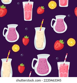 Vector sin fisuras con cócteles tropicales, zumo, vino y copa de champán. Fondo de garabato con bebidas. Diseño para fiestas de playa de verano, carta de bebidas alcohólicas o carta de vinos