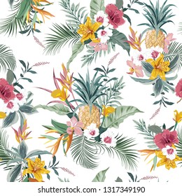 Vector seamless pattern tropical colorful exotic  plants and foliage, monstera leaf, palm , summer fruits , ,lily,hibiscus flowers design for fashion ,fabric,wallpaper ,web and all prints