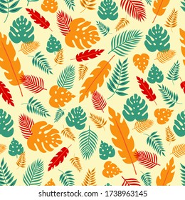 Patrón vectorial sin fisuras con hojas tropicales coloridas