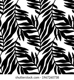 Patrón vectorial sin fisuras de hojas tropicales curvadas sobre un contorno negro sobre un fondo blanco para una plantilla de diseño. hoja tropical dibujada a mano, acondicionada verticalmente. blanco y negro