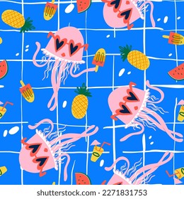 Vector seamless pattern with tropical cute jellyfishes, pineapples, drinks, watermelons, ice cream at the pool. KIdswear fashion design with cartoon characters