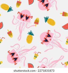 Vector seamless pattern with tropical cute jellyfishes in sunglasses, pineapples, drinks, watermelons, ice cream. Kidswear fashion design with cartoon characters