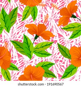 Vector seamless pattern with tropical decor: flowers, leaves, orange hibiscus plant on background of palm leaves and exotic foliage