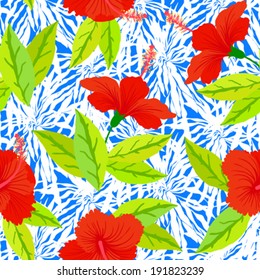 Vector seamless pattern with tropical decor: flowers, leaves, hibiscus plant on background of palm leaves and exotic foliage