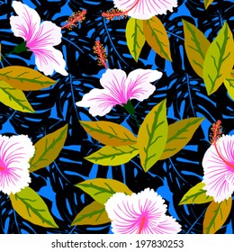 Vector seamless pattern with tropical decor: flowers, leaves, hibiscus plant on background of palm leaves and exotic foliage