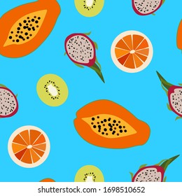 Vector  seamless pattern of tropical exotic fruits. Colorful background for wrapping paper, textile, stationary prints.