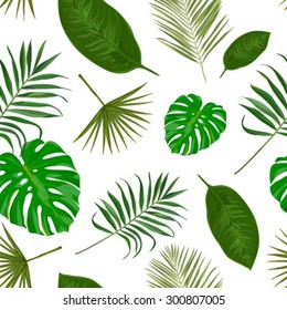 Vector seamless pattern with tropical exotic leaves