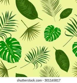 Vector seamless pattern with tropical exotic leaves