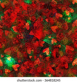 Vector seamless pattern. Tropical, exotic nature geometric ornament. Dark red hearts. 