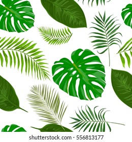 Vector seamless pattern with tropical exotic leaves