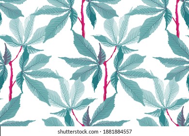 Vector seamless pattern. Tropical floral background. Turquoise leaves on red stems isolated on a white background.