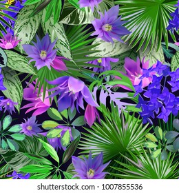 vector seamless pattern of tropical flowers and leaves
