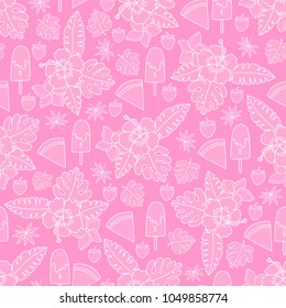 Vector seamless pattern with the tropical flowers, summer vacation background illustration.