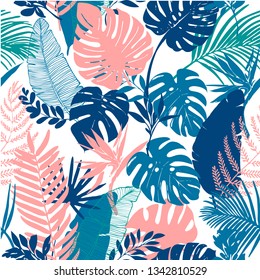 Vector Seamless Pattern, Tropical Flowers, Palm Leaves, Monstera, Silhouette Background