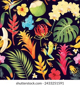 Vector seamless pattern with tropical flowers