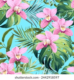 Vector seamless pattern. Tropical pattern. Flowers orchid, palm, monstera, foliage, plant. Bright texture. Hawaiian pattern