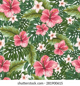 Vector seamless pattern with tropical flowers. Beautiful floral seamless texture