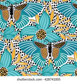 Vector seamless pattern with tropical flowers and butterfly , summer illustration