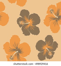 Vector seamless pattern of tropical flowers, hibiscus on a brown background, dense jungle. Hand painted. Pattern with tropic summertime motif may be used as texture, wrapping paper or textile design.